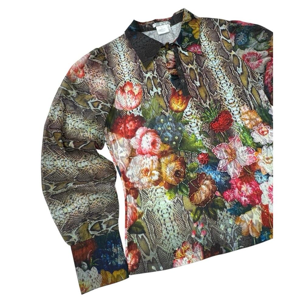 Vintage Y2K Alberto Makali Floral Beaded Sheer Long Sleeve Top Size L